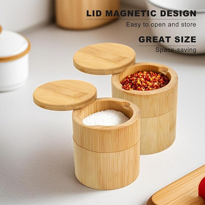 Salt Cellar - Salt Container Holder with Swivel Magnetic, 2 Tier Bamboo Kitchen Salt Cellar with Lid and Spoon Holder, Wood Bowl Box, Salt and Pepper Bowls with Swivel Lid to Storage, 10OZ