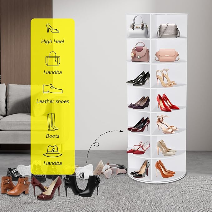 7 Tier Rotating Shoe Rack, Shoe Display with Lazy Susan, Revolving 360 Shoe Tower Storage Round Carousel, Vertical Handbag Rotate Shoes Closet Organization(23.6" W x 63.4" H)