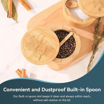 Timtopno Salt Cellar, 2PCS Salt Container Bamboo Salt and Pepper Box for Countertop with Built-in Spoon & Swivel Lid, Spice Seasoning Storage Bowl, Elegant Salt Holder (Rose & Bird Engraving)
