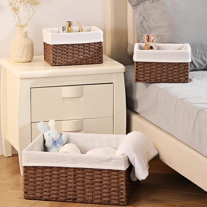 Vagusicc Wicker Basket, Set of 3 Hand-woven Storage Baskets for Organizing, Decorative Rectangle Wicker Storage Basket Bins with Handles, Small Toilet Paper Storage Baskets for Shelves & Decor, Brown
