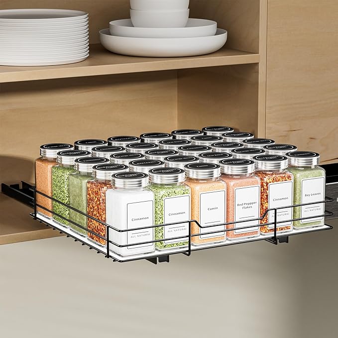 BOIVSHI Spice Rack Organizer for Cabinet, 1 Tier Pull Out Spice Rack, Spice Organizer for Cabinet, Kitchen and Pantry, Fits Spices, Sauces, Canned Food (12.5''Wx10.5''Dx2.5''H)