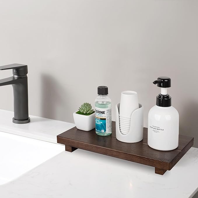 Bathroom Counter Organizer Wood Pedestal Stand Farmhouse Decorative Tray Soap Holder for Kitchen Decor, Large 11.8" x 7" - Walnut