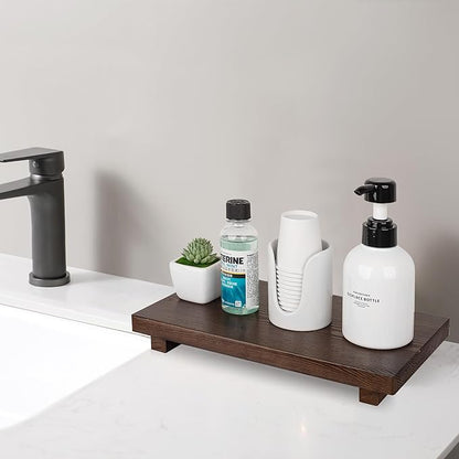 Bathroom Counter Organizer Wood Pedestal Stand Farmhouse Decorative Tray Soap Holder for Kitchen Decor, Large 11.8" x 7" - Walnut