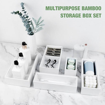 Bamboo Drawer Organizer,5 PCS White Bathroom Tray&Desk Organizers and Storage,Cabinet Divider With Removable Silverware Organization for Kitchen,Utensils,Junk,Office,Makeup
