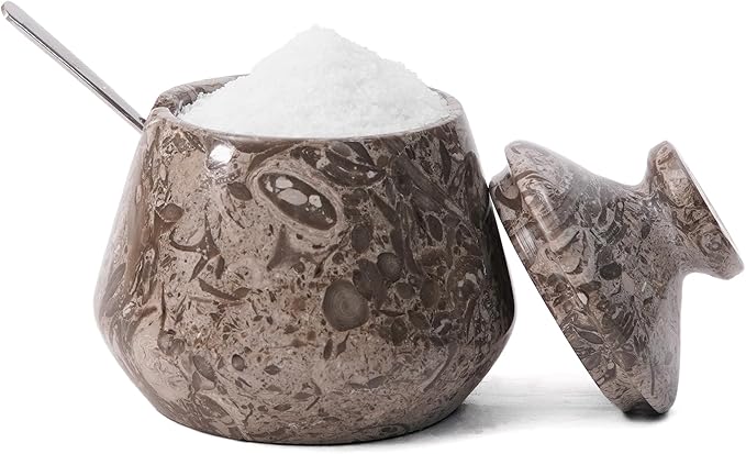Marble Salt Cellar with Lid and Spoon 3" Inches Oceanic Salt Box, Natural Stone Salt Holder for Kitchen Counter, Salt Container, Sugar Container, 3 OZ Capacity