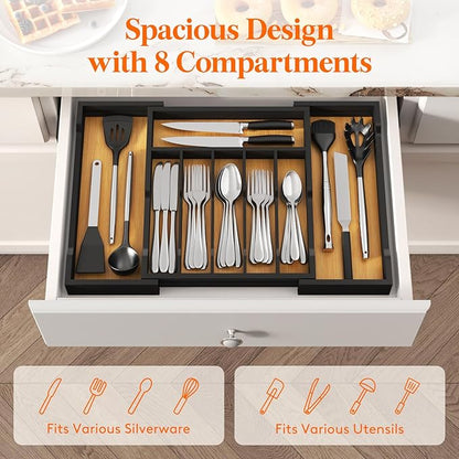 Lifewit Silverware Drawer Organizer, Expandable Utensil Tray for Kitchen, Flatware and Cutlery Holder, Wood Adjustable Storage for Spoons Forks Knives, 13-22x15/ 33-56x38cm, Natural and Black