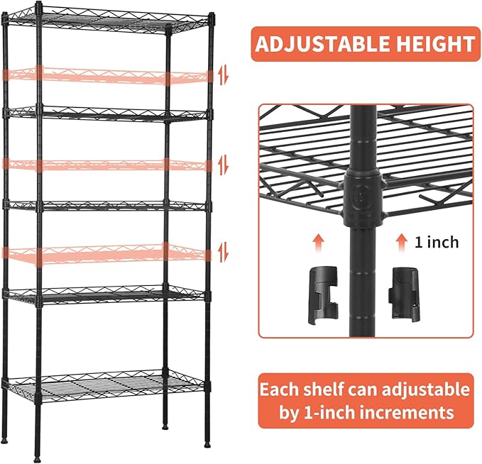 Wire Shelves 5-Tier Metal Storage Shelves 47.6" H x 21.5" x 11.6" Adjustable Wire Rack Shelf NSF Shelving Unit for Kitchen Storage Pantry Laundry, 750LB Capacity, Black