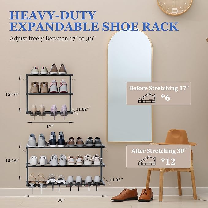 4 Pack Wall Mounted Shoe Rack, 3 Tier Hanging Shoe Rack Holds 48 Pairs, 17"-30"Adjustable Heavy Duty Metal Shoe Organizer Holder with 8 Storage Hooks, Space Saving for Closet Entryway Doorway（Black)
