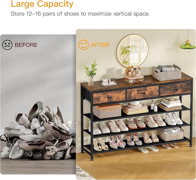 usikey 4 Tier Shoe Rack with 3 Drawers & 3 Oxford Fabric Shelves, Holds 15-18 Pairs, Metal Shoe Storage with Wood Top, Shoe Organizer for Entryway, Closet, Apartment, Rustic Brown UNYXJX022F