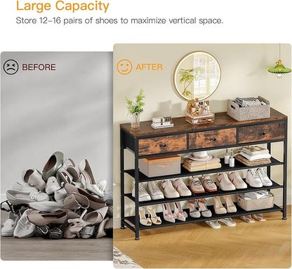 usikey 4 Tier Shoe Rack with 3 Drawers & 3 Oxford Fabric Shelves, Holds 15-18 Pairs, Metal Shoe Storage with Wood Top, Shoe Organizer for Entryway, Closet, Apartment, Rustic Brown UNYXJX022F