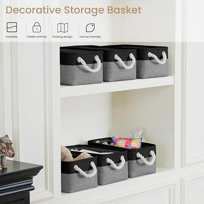 Storage Baskets for Shelves 11.8x7.9x5.2 Inch, Foldable Fabric Storage Bins with Handles, Small Storage Baskets for Organizing Closet, Office, Home Organization (3-Pack, Black&Gray)