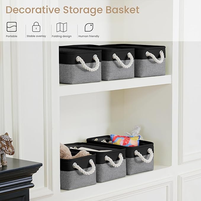 Storage Baskets for Shelves 11.8x7.9x5.2 Inch, Foldable Fabric Storage Bins with Handles, Small Storage Baskets for Organizing Closet, Office, Home Organization (1-Pack, Black&Gray)