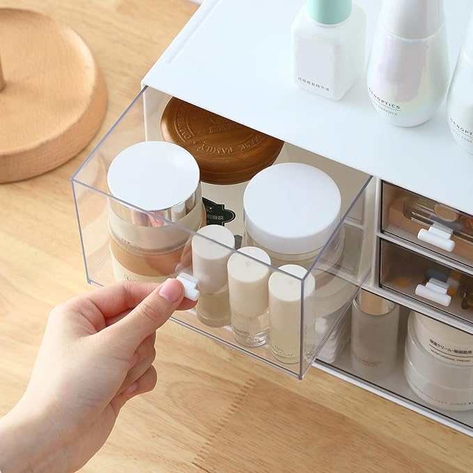 Marknor Desk Organizer with 4 Drawers, Makeup Organizer, Plastic Sundries Storage, Vanity Organizer, Cosmetic Storage Organizer, Desk Storage Box, Bathroom Counter or Dresser, White (CD-QBH-01)