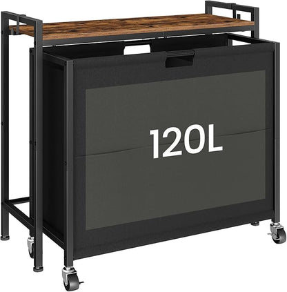 CHOEZON Laundry Sorter, Laundry Hamper with Storage Shelf, Mobile 2-in-1 Basket Organizer, 120 L Rolling Hamper, Large Bags and Movable Wheels, Metal Frame, Rustic Brown and Black TXY01BF