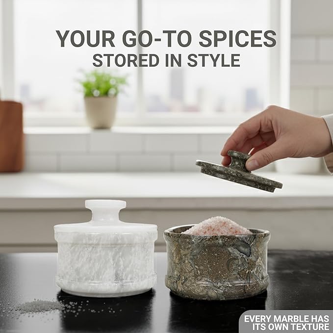 Marble Salt Cellar with Lid 3.5" Inch Verona Salt Box, Seasoning Container & Spice Jars, Stone Salt Holder for Counter, Spice Jar, Verona