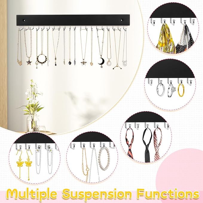 4 Pack Necklace Holder Wall Mount, Hanging Jewelry Organizer with 80 Hooks Total, Space Saving Wooden Necklace Holder for Wall, Necklace Organizer Hanger for Necklaces, Bracelets, Pendant