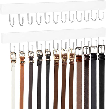 Belt Hanger Wall Mount, Wooden Closet Belt Organizer with 24 Metal Hooks, Large Capacity, White, 2 Pcs