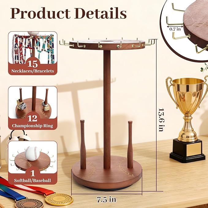 Baseball Necklace Holder,Baseball and Softball Jewelry Organizer,Wooden Ring Holder Display with Baseball Drip,360° Rotating Championship Ring Display.Baseball & Softball Gift for Players Fans.