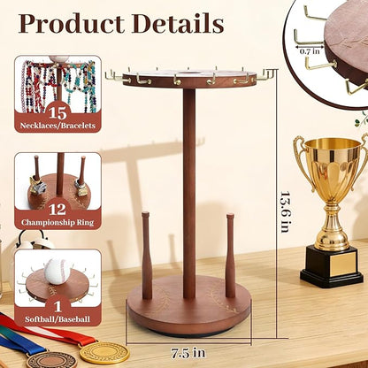 Baseball Necklace Holder,Baseball and Softball Jewelry Organizer,Wooden Ring Holder Display with Baseball Drip,360° Rotating Championship Ring Display.Baseball & Softball Gift for Players Fans.