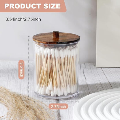 Temoyj 2 Pack Qtip Holder Dispenser with Wood Lids - 10 oz Clear Plastic Apothecary Jar Containers for Vanity Makeup Organizer Storage - Bathroom Accessories Set for Cotton Swab,Pads, Ball, Floss