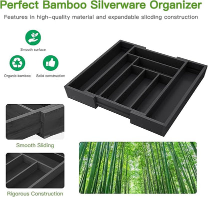 Pipishell Bamboo Expandable Drawer Organizer for Utensils Holder, Adjustable Cutlery Tray, Wood Drawer Dividers Organizer for Silverware, Flatware, Knives in Kitchen, Bedroom, Living Room (Black)