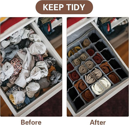 PINGMIC Gray Sock Organizer Divider 3 Pack with Lid - 30 Cell Foldable Closet Storage, Tie Organizer For Men Boxes for Socks, Ties, Belts