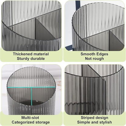 DASITON 3 Slots Makeup Brush Holder, Acrylic Makeup Brush Cup, Vintage Striped Make Up Brush Holder for Vanity Decor, Bathroom Countertops, Desk Storage Container, Cosmetic Display Cases (Black)