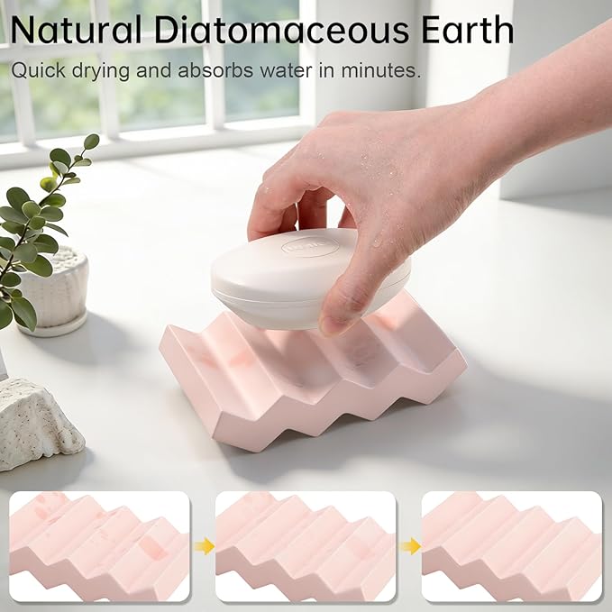 Self Draining Bar Soap Holder Diatomite Soap Dish Fast Drying Soap Saver Small Sponge Caddy for Shower, Bathroom, Kitchen Sink, Kitchen, Pink