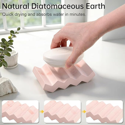Self Draining Bar Soap Holder Diatomite Soap Dish Fast Drying Soap Saver Small Sponge Caddy for Shower, Bathroom, Kitchen Sink, Kitchen, Pink