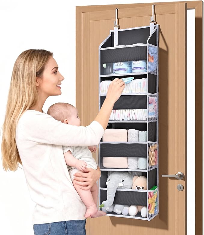 ULG 1 Pack Small Over Door Organizer with 4 Large Pockets 8 Mesh Side Pockets, Hanging Storage Organizer with Clear Window Kids Toys Deep Gray