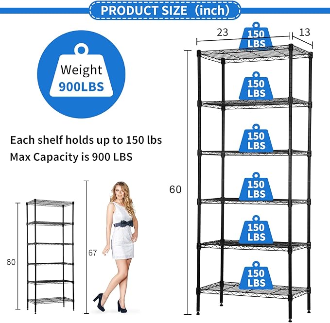 6-Tier Wire Shelving Unit Detachable Storage Shelves with 8 Adjustable Feet 59" H x 23" x 13" Kitchen Storage Rack Adjustable Metal Shelf for Pantry Closet, 900LB Capacity, Black