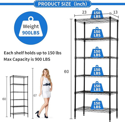 6-Tier Wire Shelving Unit Detachable Storage Shelves with 8 Adjustable Feet 59" H x 23" x 13" Kitchen Storage Rack Adjustable Metal Shelf for Pantry Closet, 900LB Capacity, Black