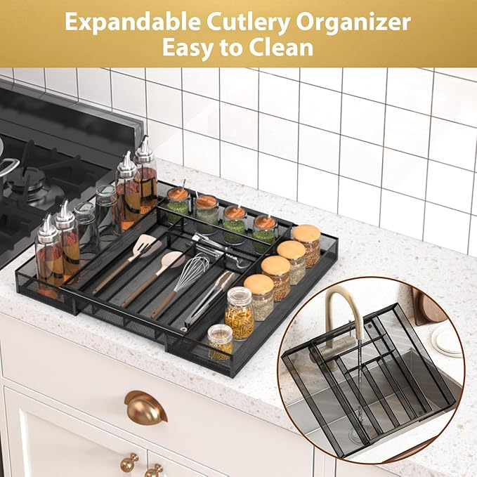 Sedegn Silverware Organizer Metal Mesh, Large Drawer Organizer, Utensil Cutlery Tray for kitchen drawers, Expandable Flatware Organizer with 8 Compartment Black 11.6"~20" x 17.3"