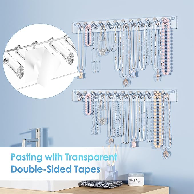 MaxGear Necklace Holder Wall 2-Pack, Clear Acrylic Jewelry Organizer with 24 Hooks, Tangle-Free Display for Necklace, Bangles, Ring, Bracelet Storage, Perfect for Bathroom, Vanity, Closet Door