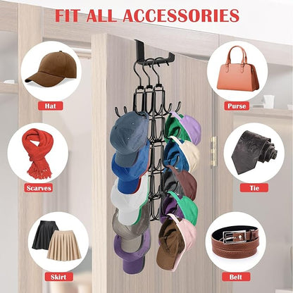 Hat Rack for Door, Collapsible Over The Door Hat Organizer with 10 Large Hooks, Holds 40 Baseball Caps, Rotatable Metal Space Saving Caps Hanger for Display and Storage, Black