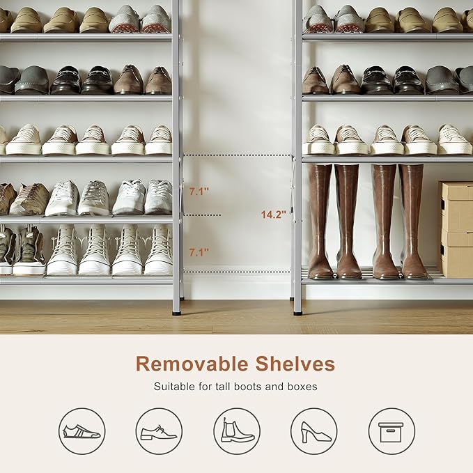 Shoe Rack with Coat Rack, 8 Tier Tall Shoe Storage Organizer with Hooks, 3-in-1, Wooden Top Shelf, Sturdy Frame, Metal Clothes Hanger Stand for Entryway, Closet, Silver