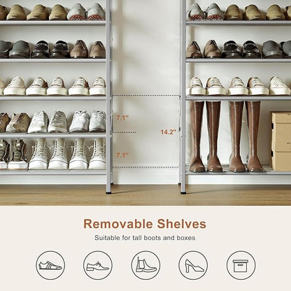 Shoe Rack with Coat Rack, 8 Tier Tall Shoe Storage Organizer with Hooks, 3-in-1, Wooden Top Shelf, Sturdy Frame, Metal Clothes Hanger Stand for Entryway, Closet, Silver