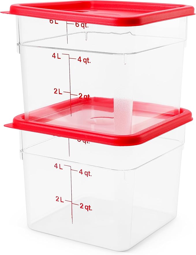 Cambro Food Storage Container with Lid - 6 QT (Quart) Square, Classic Series with Red Lid, Commercial Grade for Food Prep, Clear, 2 Pack