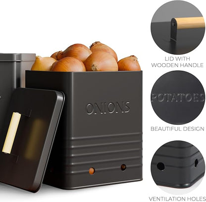 ZICOTO Beautiful Potato and Onion Storage Container Set, 10.1" & 8.9" - Perfectly Sized Spacious Canisters For Your Kitchen Counter Or Pantry - Food Safe Metal Bins Keep Produce Fresh Longer