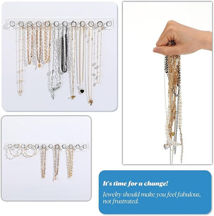 4-Pack Acrylic Necklace Holder, Necklace Hanger Wall Mount, Diamond Shape Jewelry Organizer with 12 Hooks for Necklaces, Bracelets, Chains - Clear Crystal Display Rack for Women