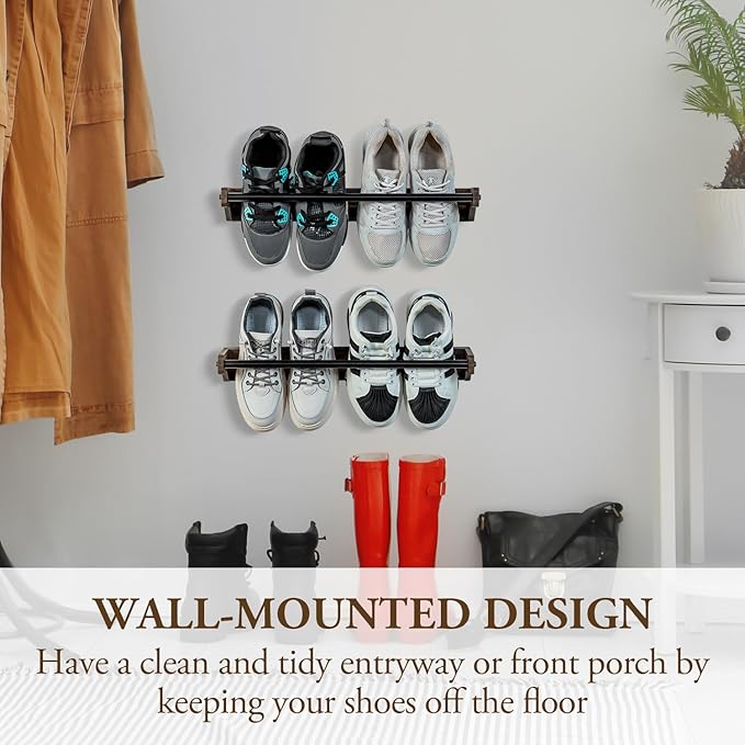 MyGift Wall Mounted Hanging Shoe Rack, Urban Industrial Burnt Solid Wood Shoe Holder Storage Organizer with Matte Black Metal Rails and Adjustable Sizing, Set of 2