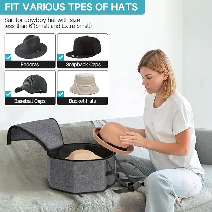 SLEEPING LAMB Hat Box for Travel and Storage, Collapsible Cap Case for Mens Fedora Organizer, Hat Storage Box for Men and Women for Closet, Cap Carrier with Handles, Grey