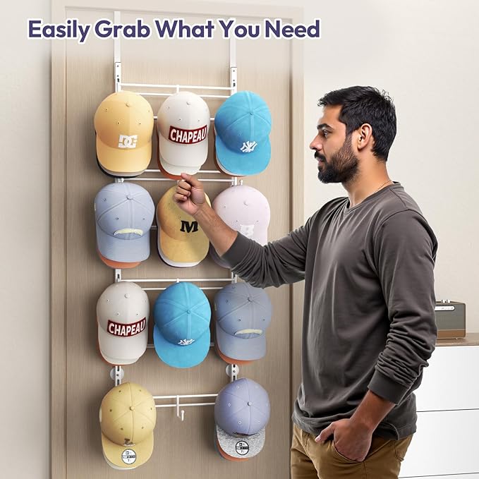 SWTYMIKI Over Door Hat Organizer - 4 Tier Metal Adjustable Wall Mounted Hat Rack with 12 Hooks Design, Hanging Baseball Cap Organizer Storage Holds up to 36 Caps for Door, Bedroom, Closet