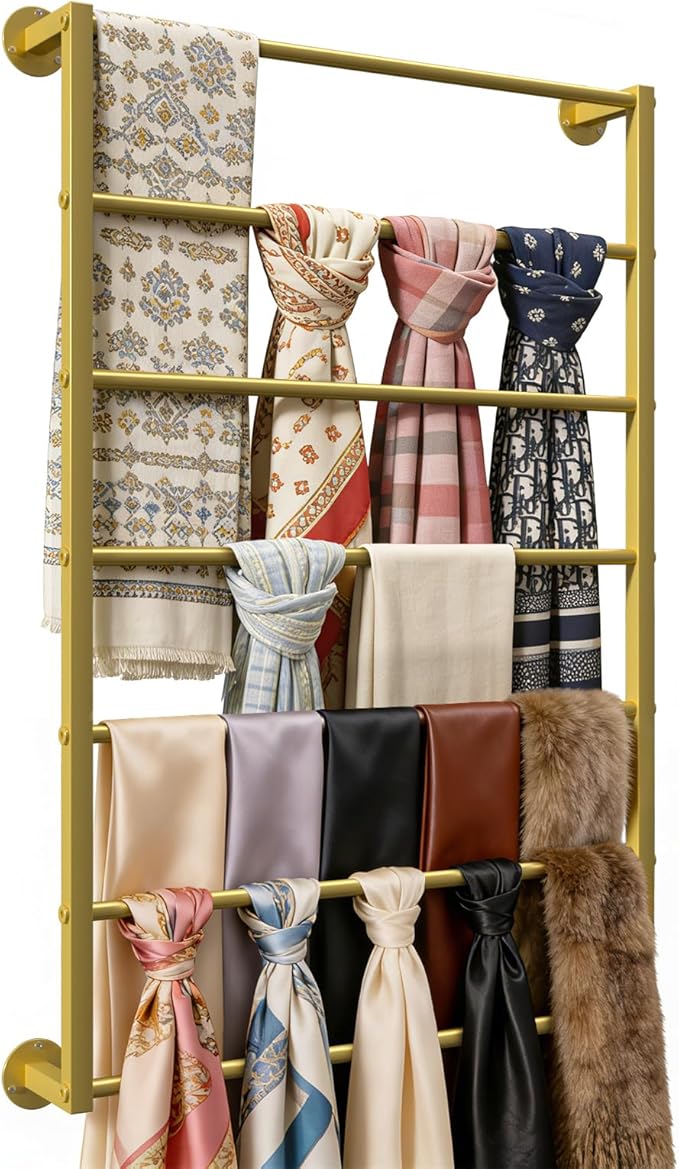 Wall Mounted Scarf Rack, Gold Silk Scarves Hijab Hanger Organizer Metal Racks Wrapping Tissue Paper Ribbon Holder Towels Storage Display for Flower Shop Retail Store (Gold, 7T-23.6×35.4IN)