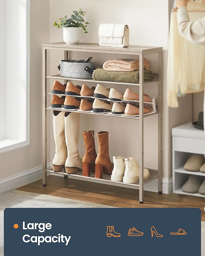 SONGMICS HOME 5 Tier Shoe Storage Organizer, Freestanding Shoe Rack, Dense Mesh, for Living Room, Bedroom, Entryway, Beige