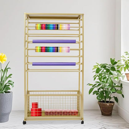 16-Tier Double-Sided Ribbon Holder Organizer Rack with Storage Basket & Wheels, Multifunctional Flower Wrapping Paper Display Stand for Craft Rooms, Flower Shops (Gold, 31.5''W x 12.6''D x 59.06''H)