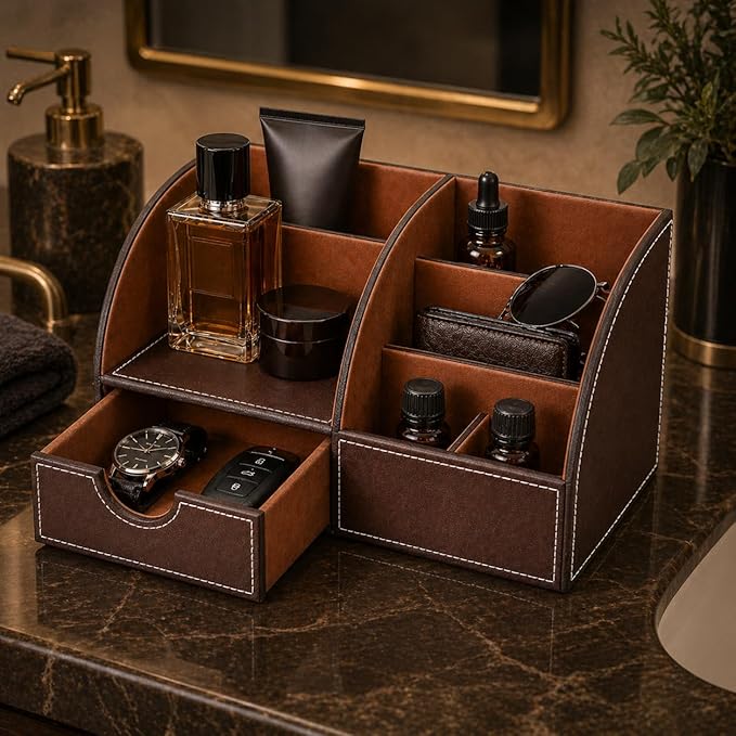 KINGFOM Cologne Organizer for Men, PU Leather Dresser Organizer with Drawer, Countertop Cologne Holder for Watch, Wallet, Keys, Sunglasses, Bathroom Bedroom Nightstand Organizer, Gifts for Men Brown