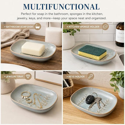 Miamolo Ceramic Soap Dish Soap Holder, Soap Lift for Bar Soap Sponge, Shower Soap Dishes for Bathroom Kitchen Counter Soap Saver Tray Keep Dry, Dishwasher Safe