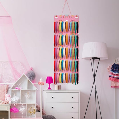 Tudomro Hanging Headband Holder for Girls Felt Hair Accessories Organizer with 60 Elastic Bands Bow Hanger for Girls Hair Bows Without Headbands(Pink,Rainbow)