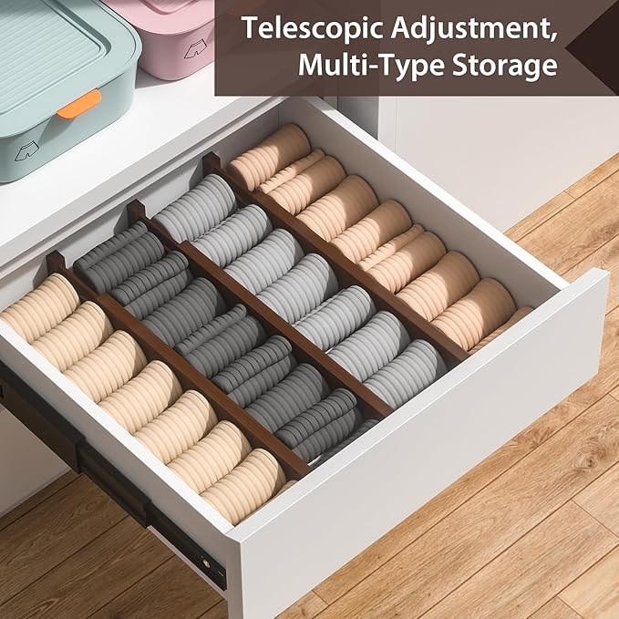 DUCOO 4 PCS Drawer Divider, 17"-22" Adjustable Bamboo Drawer Dividers Organizers, 2.3" High Expandable Separators for Kitchen, Clothes, Dressers, Home, Office, Mocha